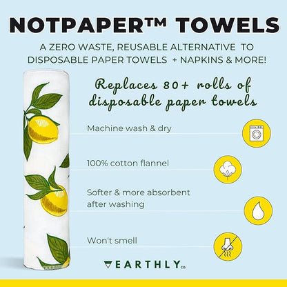 Reusable Paper Towels - 10 Pack - Roll of Washable Cotton Cloth Paper Towels - Paperless Reusable Napkins Cloth Washable - Absorbent + Long Lasting - Zero Waste Products - (Lemon)