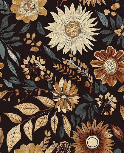 Boho Floral Wallpaper Peel and Stick, Vintage Dark Sunflower Contact Paper for Bathroom Cubicle Drawer, Retro Abstract Removable Antique Flower Wall Paper Art Decor Black Orange 17.5" x 118"