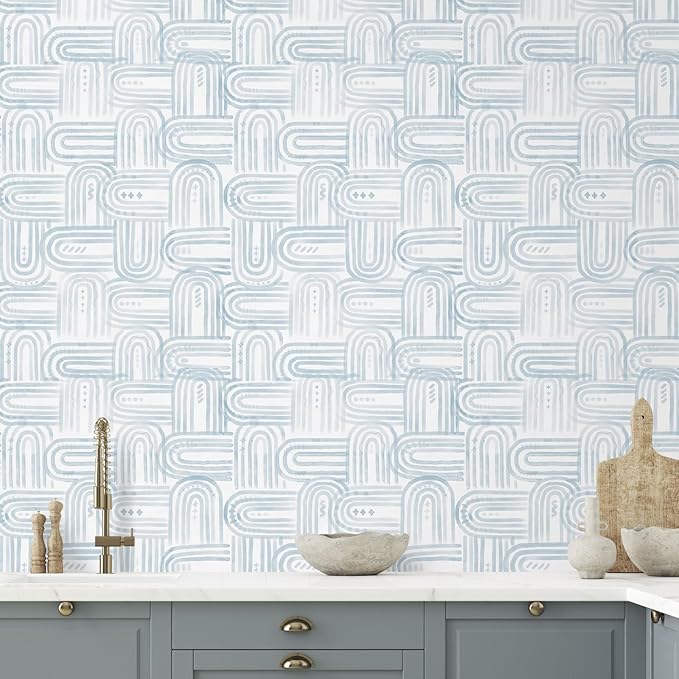 Modern Peel and Stick Wallpaper Light Blue Wallpaper 17.3" x 120" Boho Abstract Geometric Contact Paper Waterproof Wall Paper for Bedroom Cabinets Furniture Vinyl