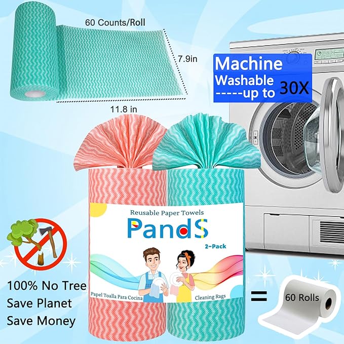 Reusable Paper Towels Washable, 2 Pack 120 Count Disposable Dish Cloths, Kitchen Washcloths Bathroom Hand Towels, Fast Dry Dishwashing Rags - Strong Absorbent - Green & Pink