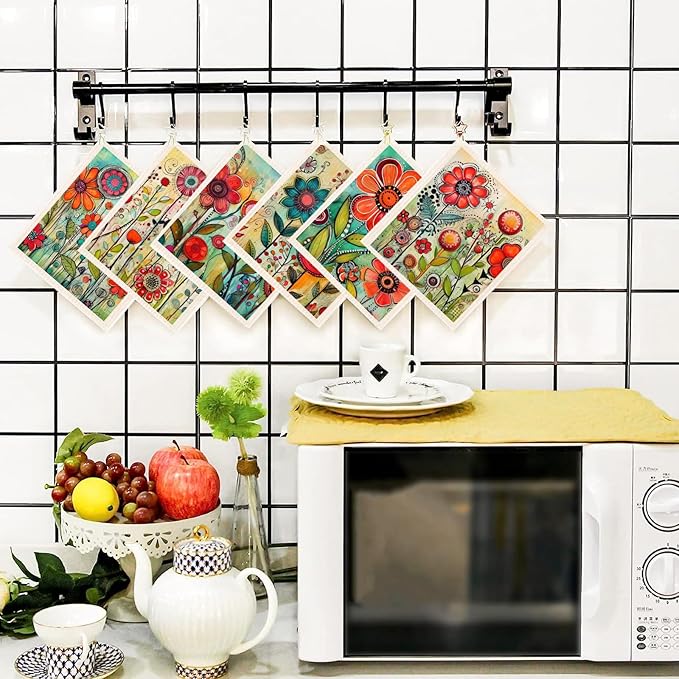 Morigins 6-Piece Spring Flowers Dishcloth Set - Fast-Drying, Absorbent Kitchen Towels