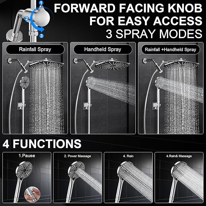 High Pressure Rain Shower Head with Handheld,Wide Rainfall Shower Head Combo with 15" Metal Extension Arm,Detachable Shower head,Rainfall Shower Head with Multi Modes Handheld Spray,Chrome
