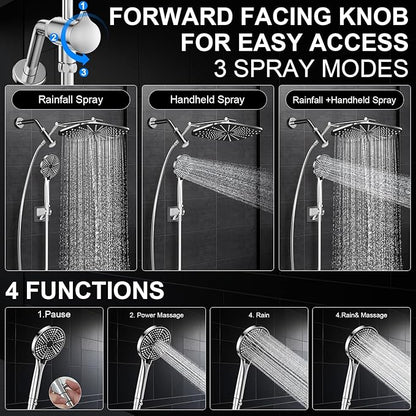 High Pressure Rain Shower Head with Handheld,Wide Rainfall Shower Head Combo with 15" Metal Extension Arm,Detachable Shower head,Rainfall Shower Head with Multi Modes Handheld Spray,Chrome