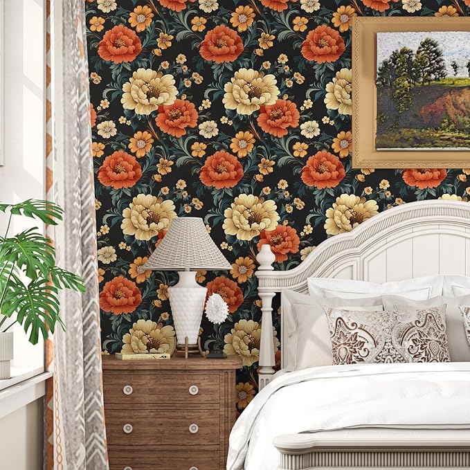 Vintage Vibrant Floral Peel and Stick Wallpaper, Dark Classic Flower Design Self Adhesive Wallpaper for Cubicle Bedroom Cabinet, Vinyl Removable Contact Paper Antique Wall Decor 17.5In x 118In