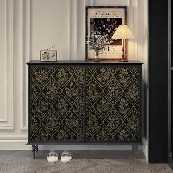 Toduso Peel and Stick Wallpaper Vintage Wall Paper Boho Contact Paper Black and Gold Floral Removable Wallpaper for Bathroom Bedroom Flower Waterproof Self Adhesive Vinyl Drawer Decor 17.3"x393.7"
