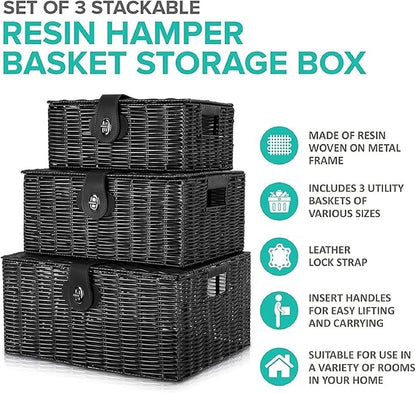 Set of 3 Woven Wicker Storage Basket Box with Lids & Lock, Built-in Carry Handles, Multifunctional Storage Organizer for Nursery, Baby, Clothes, Toys, Books, Large/Medium/Small Size (Black)