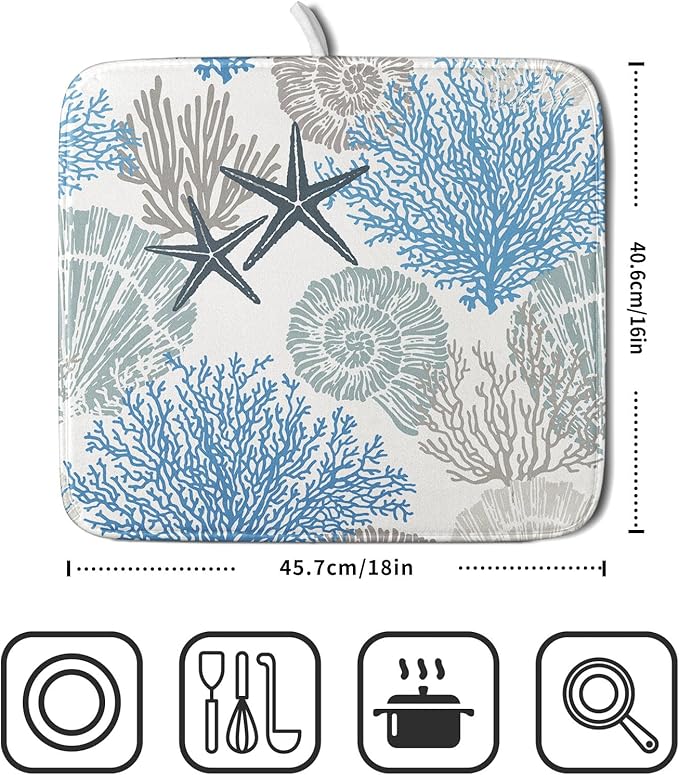 Coastal Blue Gray Dish Drying Pad 16 x 18 Inch With Absorbent Reversible Microfiber Starfish Seashell Coral Nautical Summer Drying Mats Dish Drainer Mat Fast Dry For Kitchen Dining Room Decoration