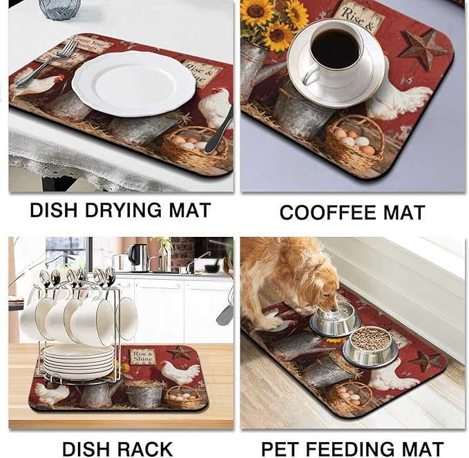 Dish Drying Mat for Kitchen Counter 2 Pack with Non-Slip Rubber Backing - Heat-Resistant Absorbent Coffee Bar Mat, Dish Rack Mat, Rooster Dish Drying Mats 18x24+19.5x12 inch