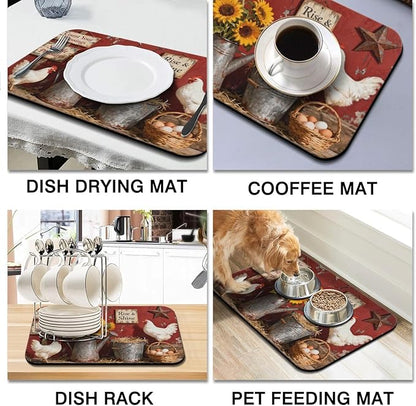 Dish Drying Mat for Kitchen Counter 2 Pack with Non-Slip Rubber Backing - Heat-Resistant Absorbent Coffee Bar Mat, Dish Rack Mat, Rooster Dish Drying Mats 18x24+19.5x12 inch