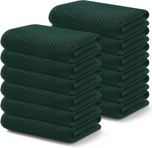 Kitinjoy 100% Cotton Waffle Weave Kitchen Hand Towels (13 X 28 Inches, Blackish Green), 12-Pack Super Soft and Absorbent Dish Towel for Drying Dishes