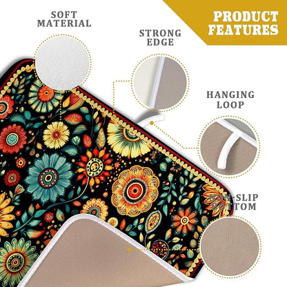 Bohemian Style Flowers Drying Pad Boho Floral Dish Drying Mat for Kitchen Counter Absorbent Microfiber Drainer Rack Mat
