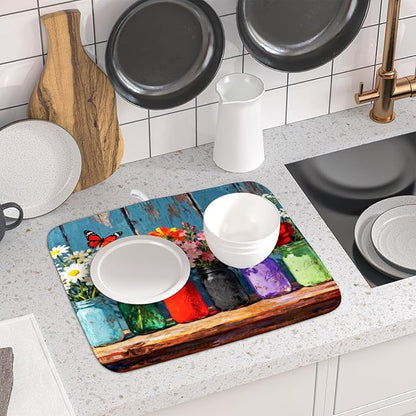 Spring Summer Floral Dish Drying Mat for Kitchen Counter 16x18 Woodgrain Colorful Flower Butterfly Seasonal Absorbent Reversible Microfiber Drying Mats Kitchen Countertop Protector Dishes Drainer Pad