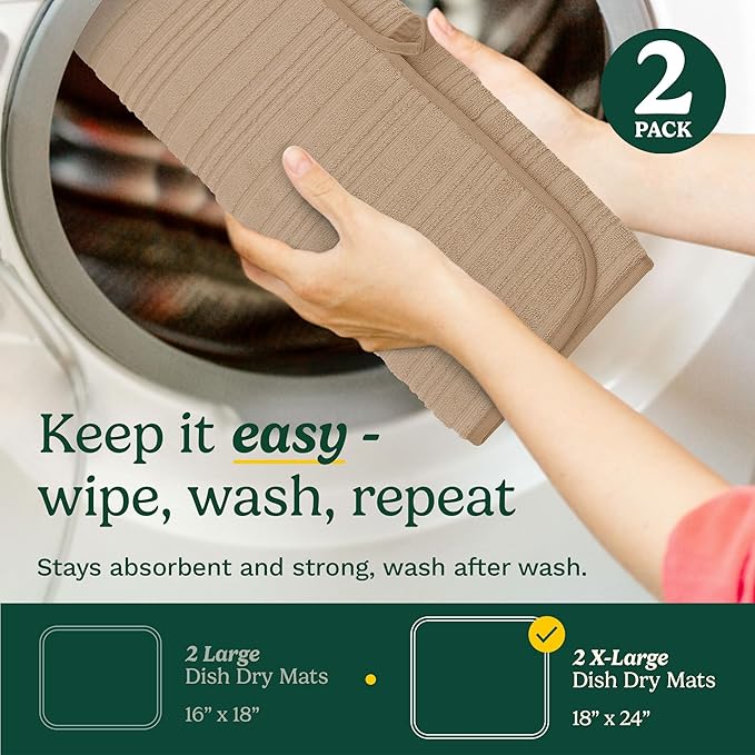 Cuisinart Dish Drying Mats for Kitchen Counter - (2) 18" x 24" Ultra Absorbent Dish Drying Mat XL - Foldable, Machine Washable, Fast Drying Dish Mat (Horizontal Stripes)