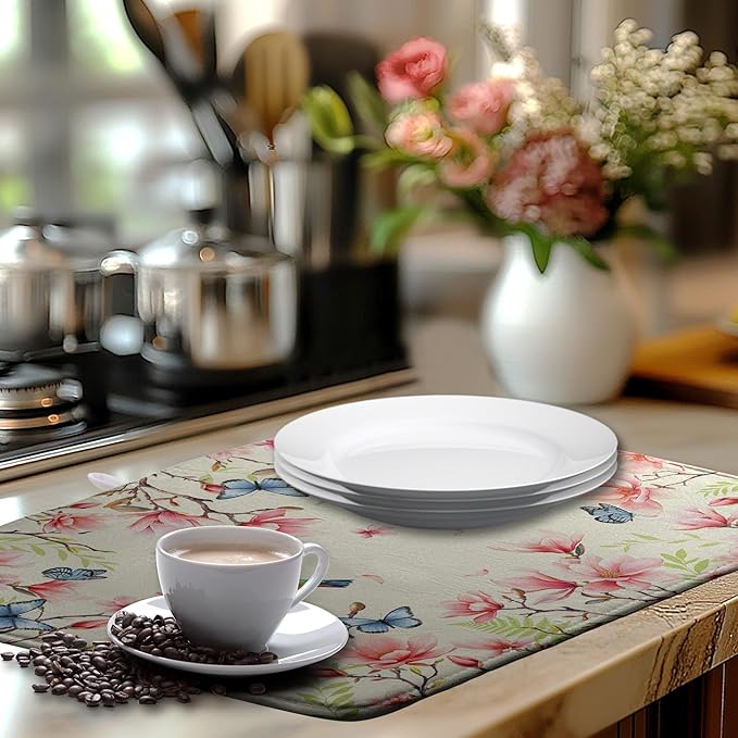 Spring Flowers Floral Dish Drying Mats Spring Summer Hummingbird Dish Mat Drying Matt Butterfly Dishes Dryer Pad for Kitchen Counter Absorbent Microfiber Washable Foldable Reusable 18x24 in