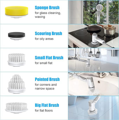 Electric Spin Scrubber, Scrub Brush Dual Speed, Power Shower Scrubber with 6 Replacement Head, Cordless Cleaning Brush with Extension Handle for Bathtub Grout Tile Floor, White