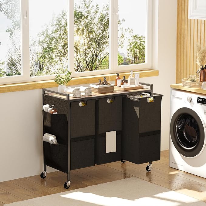 Laundry Hamper, Laundry Basket, Laundry Sorter with Top Shelf & 3 Removable Washable Bags & Side Pockets for Laundry Room organization, Bathroom and Dorm, Rustic Brown and Black