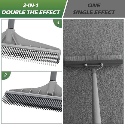 Walensee Carpet Rake for Pet Hair Removal, 2 in 1 Rug Rake to Fluff Carpet with Nylon Groomer Brush, Adjustable Long Handle for Shag Rugs, Stairs, Mats and Floors, Rubber Broom