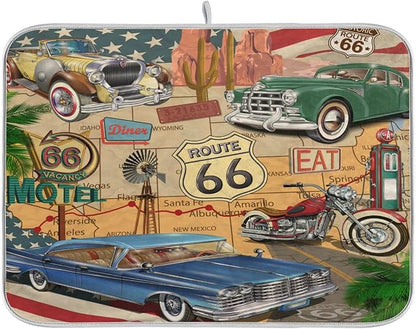 senya Super Absorbent Dish Drying Mat, Microfiber Fast-Drying Dish Mat, 24'' x 18'', Kitchen Dish Drying Pad, Retro Route 66 Poster, (g289343280p523c558s1114)
