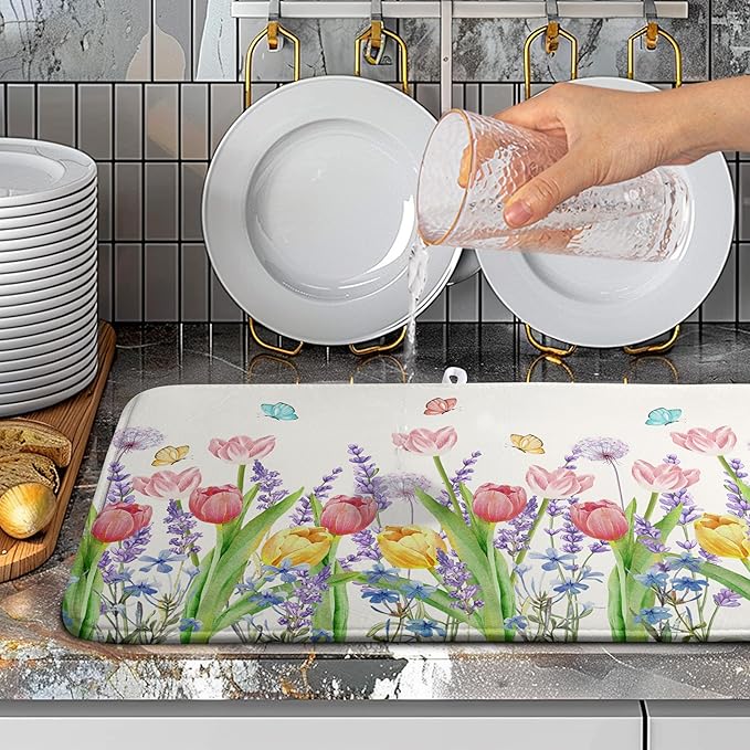 Spring Floral Dish Drying Mat for Kitchen Counter Tulip Lavender Flower Dishes Pad Absorbent Microfiber Dish Draining Mat Washable Dish Drainer Rack Mats Extra Large 18"x24"