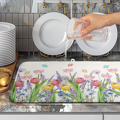 Spring Floral Dish Drying Mat for Kitchen Counter Tulip Lavender Flower Dishes Pad Absorbent Microfiber Dish Draining Mat Washable Dish Drainer Rack Mats Extra Large 18"x24"