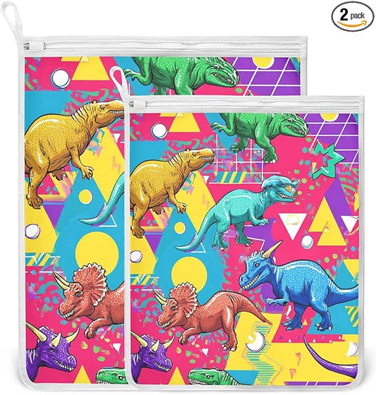 Mesh Laundry Bags Lingerie Bags for Washing Delicates 2 PCS Durable Wash Bag with Zipper Small and Medium Washable Bright Colorful Geometric Dinosaurs