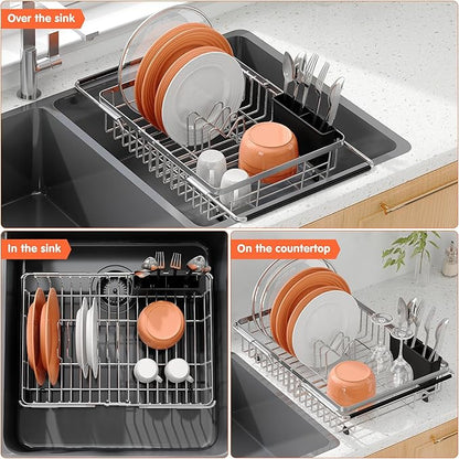 Expandable Over The Sink Dish Drainer Drying Rack In Stainless Steel Metal For Small Kitchen, Counter Space Saving Compact Above Plate Dryer Strainer, Adjustable Hanging Inside Sink Wire Drain Holder