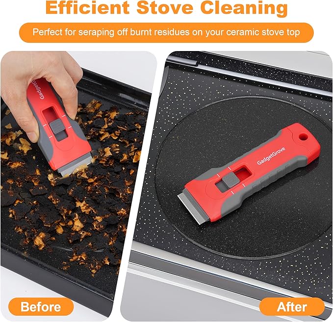 Razor Blade Scraper with 2 Pcs Plastic Scraper, Scraper Tool for Cooktop, Oven, Stove, Labels Decal, Plastic Blades for Clean Glass Window, Scraper Buit-In Blade torage, Upgraded Lock Mechanism,Gray