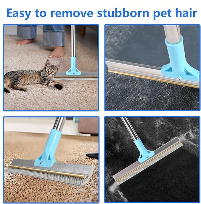 2 in 1 Carpet Rake for Pet Hair Removal Tool 54" Long Handle Rug Rake Dog Cat Hair Remover Broom with Dog Hair Grooming Glove Metal Pet Hair Removal Pro for Woodfloor Mat Stair Couch Car (Blue)