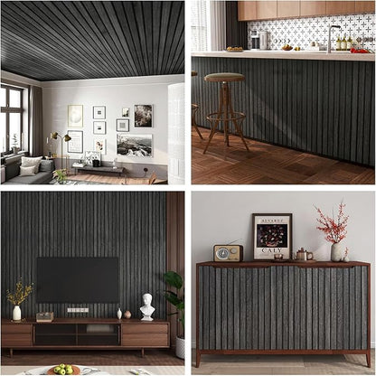 FunStick 24"x200" Black Wood Slats Peel and Stick Wallpaper Removable Wood Contact Paper Peel and Stick 3D Wood Slat Wall Panel Wall Paper Decor Self Adhesive Wood Wallpaper for Bathroom Cabinets Desk