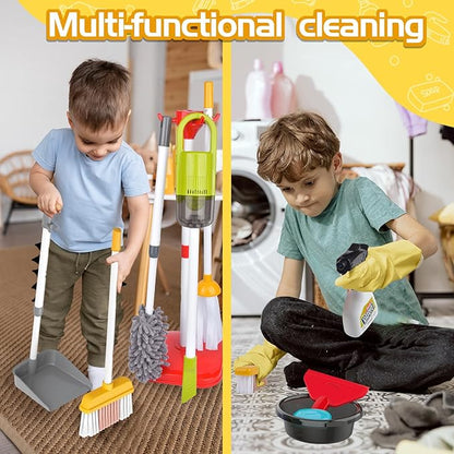 Kids Cleaning Toys Set,14PCS Toddler Cleaning Toys with Broom and Dustpan Mop Set, 2in1 Vacuum That Really Works,Toddler Vacuum Cleaner, Pretend Play Cleaning Supplies for Boys Girls Age 3-8 (Red)