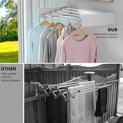 Wall Mounted Clothes Drying Rack, 31.5" Foldable Collapsible Laundry Rack, Heavy Duty 60 lb Capacity Hidden Space Saver, Includes Wall Template for Laundry Room Indoor Outdoor Balcony (White)