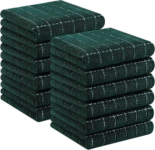 Homaxy 100% Cotton Terry Kitchen Towels(Blackish Green, 13 x 28 inches), Checkered Designed, Soft and Super Absorbent Dish Towels, 12 Pack