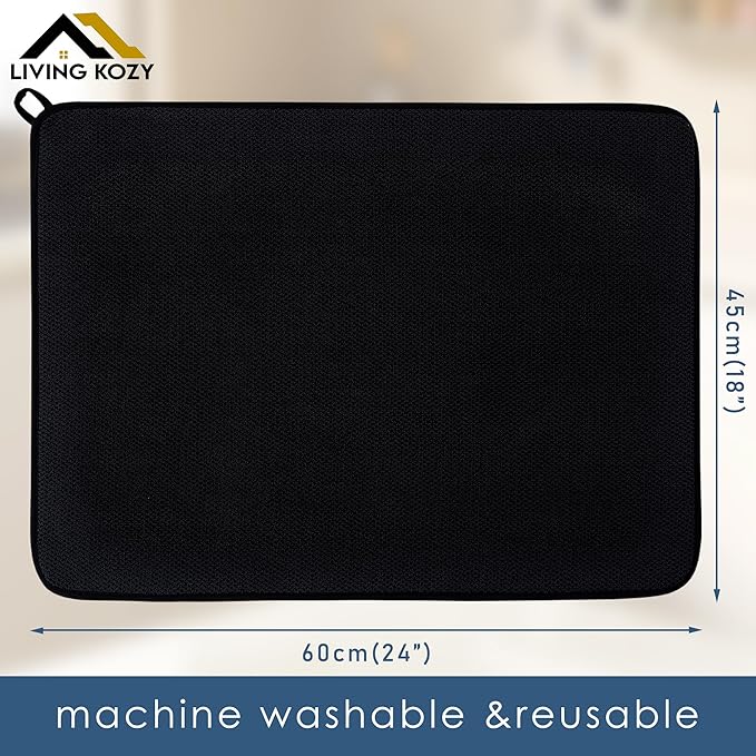 Dish Drying Mat, Microfiber Ultra-Absorbent Kitchen Counter Mat, Ideal Dish Drying Pad for Dishes, Utensils, Pots, and Pans, Black, XL - 24"x18" (60x45cm).