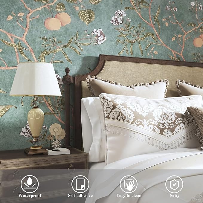 Laatse Green Floral Wallpaper Peel and Stick Bird Wallpaper 17.5" x 393" Vintage Contact Paper Waterproof Self Adhesive Removable Boho Floral Wall Paper for Bedroom Walls Cabinet Locker