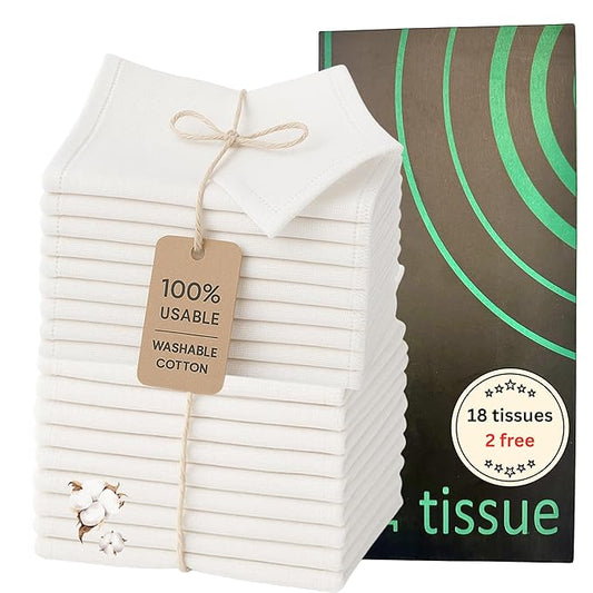 18 Reusable Tissues with 2 extra tissue, Travel Size Cloth Tissue Pack Made of Soft Cotton- Washable Facial White handkerchiefs - Eco Friendly Fabric with Zero Waste Cloths