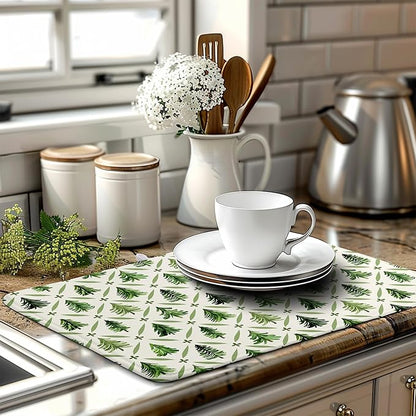 Christmas Dish Drying Mat for Kitchen Counter 18x24 Inch Sage Green Xmas Tree Drying Pad Winter Holiday Dish Draining Mat Microfiber Absorbent Dish Drainer Rack Mat for Coffee Bar