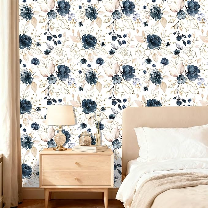 Navy Blue Floral Peel and Stick Wallpaper Self Adhesive Removable Thick Vinyl Watercolor Botanical Flower Gold Line Accent for Bedroom Bathroom Living Room Accent Wall 17.7" × 118"