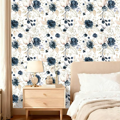 Navy Blue Floral Peel and Stick Wallpaper Self Adhesive Removable Thick Vinyl Watercolor Botanical Flower Gold Line Accent for Bedroom Bathroom Living Room Accent Wall 17.7" x 78.8"