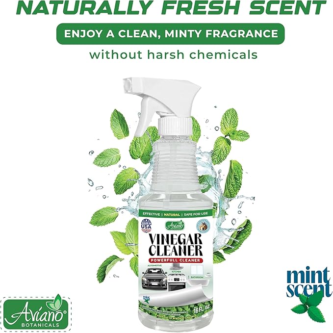 Aviano Botanicals Vinegar Cleaner, Made in USA - 16 Fl Oz Vinegar Cleaning Spray – Safe, Non-Corrosive, Pet & People Friendly, Eco-Friendly Mint Scent for Kitchen, Auto, Floors, Glass, Baths and more