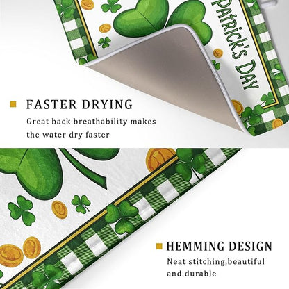 Happy St. Patrick's Day Green Dish Drying Mat 18 x 24 Inch With Absorbent Reversible Microfiber Lucky Clover Shamrock Buffalo Check Plaid Drying Spring Dish Drainer Mat Fast Dry For Kitchen