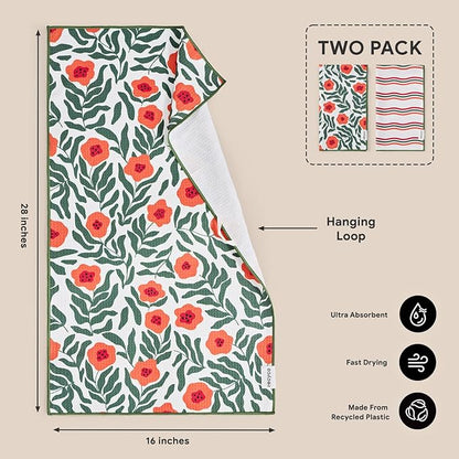 RECYCO Waffle Kitchen Towel Set of 2 - Quick Dry Microfiber Sustainable Dish Towels - Ultra Absorbent Reusable Cleaning Tea Towels - Lightweight Hand Towels,16”x 28”, Poppy Waves