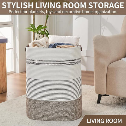 Laundry Hamper - Tall Woven Rope Laundry Basket - Clothes hamper with Leather Handles, 17" X 13.8" X 22", Blanket Storage Basket for Living Room, Rice Brown & White