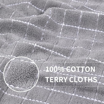 Homaxy 100% Cotton Terry Kitchen Towels(Light Grey, 13 x 28 Inches), Checkered Designed, Soft and Super Absorbent Dish Towels, 4 Pack