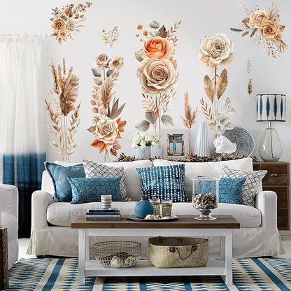 Boho Flower Wall Stickers Wildflower Floral Grass Peel and Stick Wall Stickers Living Room Bedroom Nursery Wall Decor (Orange)