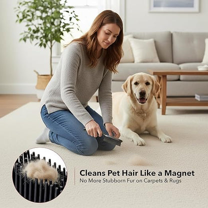 OVENTE Carpet Rake Rubber Broom for Pet Hair Removal with Squeegee, Detailing Lint Fur Remover Brush, Dustpan and 50” Handle, Cleaning Tools Set for Rug, Hardwood Floor, Tile and Window, Grey CT2504GY