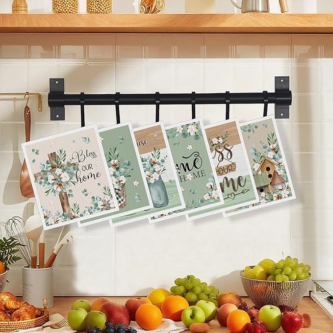 Swedish Dishcloths for Kitchen, 6 Pack Farmhouse Eucalyptus and Cotton Flower Reusable Paper Towels, Non-Scratch Swedish Dish Cloths Super Absorbent Cellulose Sponge Cloths