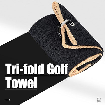 Mile High Life Tri-fold Golf Towel | Premium Microfiber Fabric | Waffle Pattern | with Heavy Duty Carabiner Clip | for Men and Women (2 Pack Black/Yellow)
