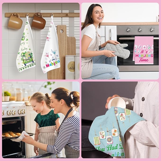 Mahjong Kitchen Towels Set of 4, Cocktail Dish Towels Gifts for Cooking Cleaning, Funny Decorative Hand Tea Towels for Mahjong Lover Gifts Bathroom Decor