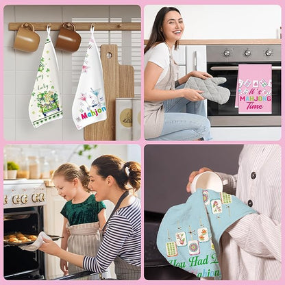 Mahjong Kitchen Towels Set of 4, Cocktail Dish Towels Gifts for Cooking Cleaning, Funny Decorative Hand Tea Towels for Mahjong Lover Gifts Bathroom Decor