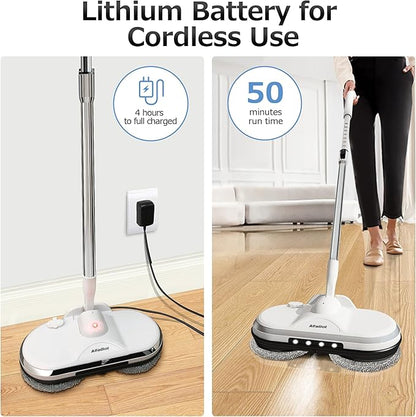 Electric Mop, AlfaBot WS-24 Cordless Spin Mop for Floor Cleaning, Lightweight & Rechargeable Floor Cleaner with Water Sprayer and LED Headlight for Hardwood and Tile Floors, White